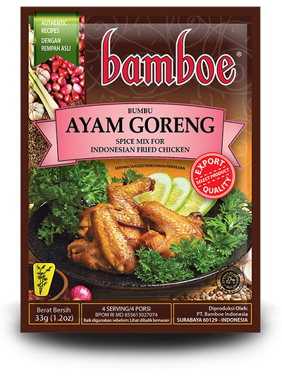 Bamboe Ayam Goreng spice mix package for Indonesian fried chicken on a white background