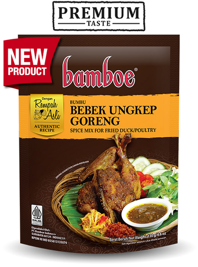 Bamboe spice mix for fried duck/poultry packaging with a roasted duck and vegetables on a white background.
