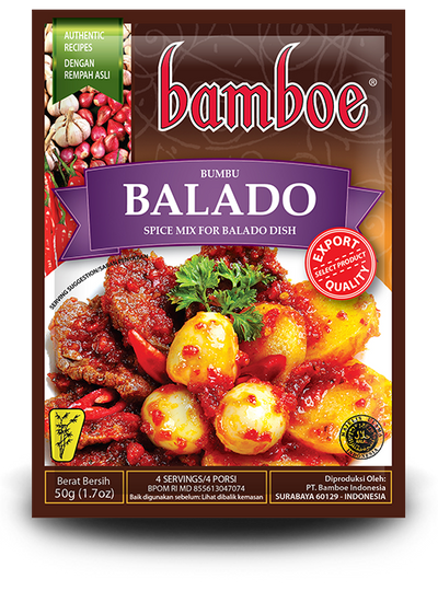 Bamboe Balado spice mix packaging with images of a dish and spices.