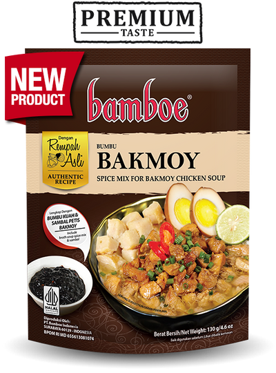 Bamboe Bakmoy spice mix package with a bowl of Bakmoy chicken soup on the label.