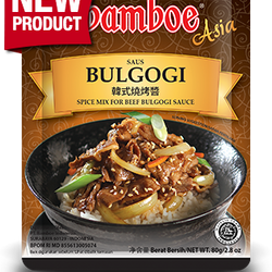 Bamboe Asia Bulgogi spice mix package with a bowl of Bulgogi on a white background
