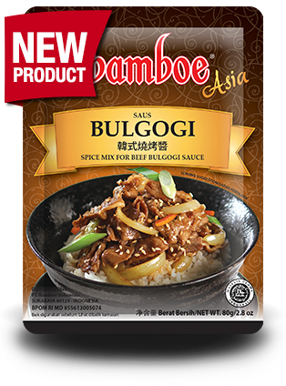 Bamboe Asia Bulgogi spice mix package with a bowl of Bulgogi on a white background