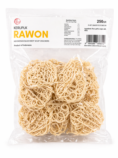 Packaged Indonesian black beef soup crackers with visible brand name and product details.