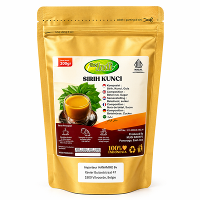 Yellow package of Sirih Kunci with branding and product information on a white background