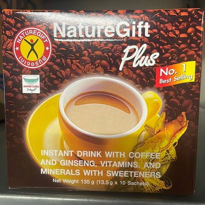Nature gift plus  instant drink with coffee and ginseng , vitamins, and minerals with sweeteners