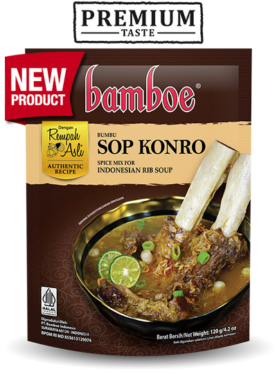Bamboe Sop Konro spice mix package with an image of Indonesian rib soup on a white background.