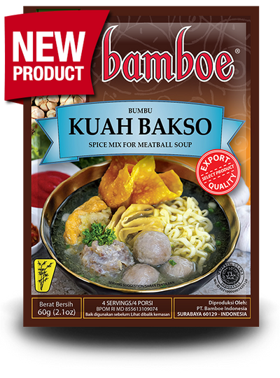 Bamboe Kuah Bakso spice mix package with a bowl of soup and noodles on a white background