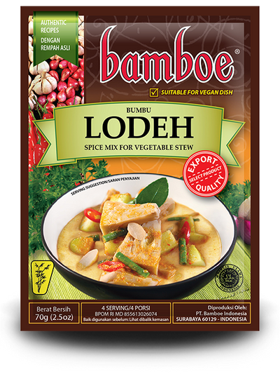 Bamboe Lodeh spice mix packaging with images of vegetables and a bowl of stew.