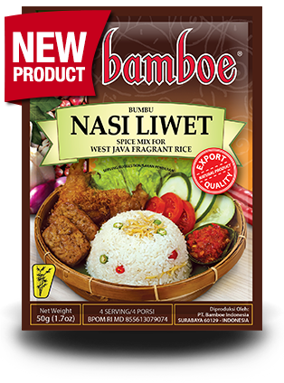 Bamboe Nasi Liwet spice mix packaging with a picture of rice and vegetables.