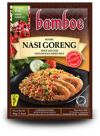 Bamboe Nasi Goreng spice mix packaging with fried rice and shrimp on a white background