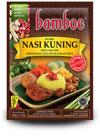 Bamboe Nasi Kuning spice mix packaging with a dish of yellow fragrant rice and chicken.