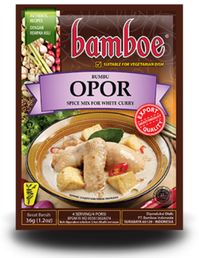 Bamboe Opor spice mix package with images of food and text on a white background