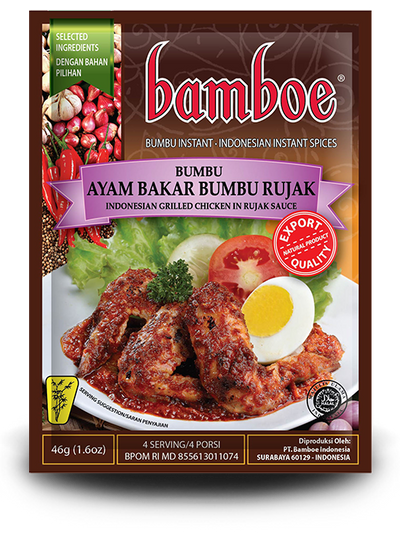 Bamboe Bumbu Ayam Bakar Bumbu Rujak spice mix packaging with food image on a white background