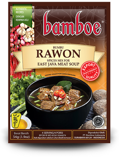 Bamboe Bumbu Rawon spices mix packaging for East Java meat soup on a white background