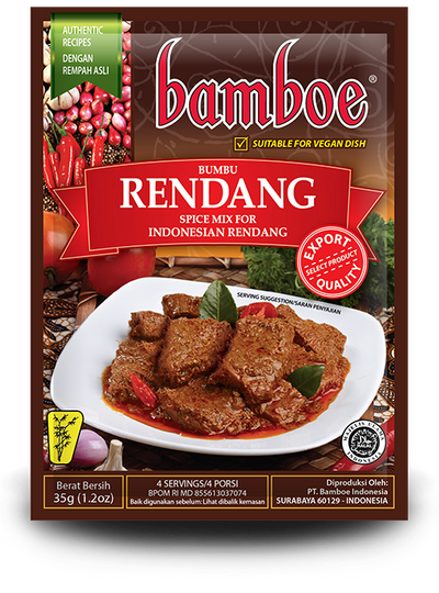 Bamboe Bumbu Rendang spice mix packaging with Indonesian Rendang dish on the label.