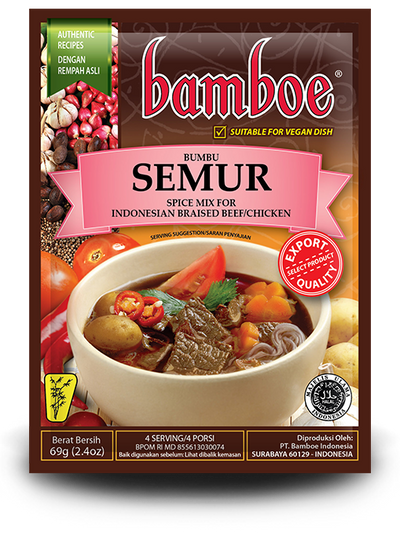 Bamboe Bumbu Semur spice mix package for Indonesian braised beef/chicken on a white background