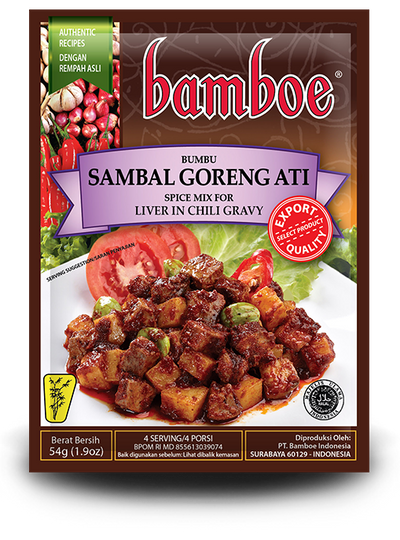 Bamboe Sambal Goreng Ati spice mix package with liver dish illustration on a white background