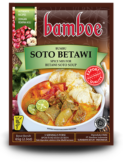 Bamboe Soto Betawi spice mix packet with a bowl of soup on the label.