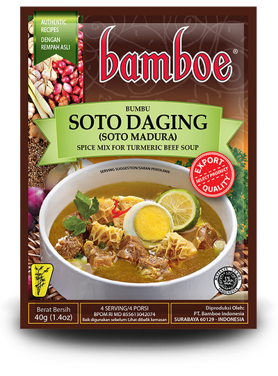 Bamboe Soto Daging spice mix package with a bowl of soup on the front.