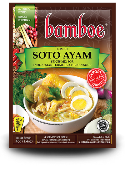 Bamboe Soto Ayam spice mix package with a bowl of soup on the label.