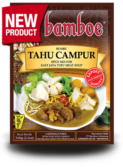 Bamboe Tahu Campur spice mix packaging with a bowl of tofu meat soup on a white background.