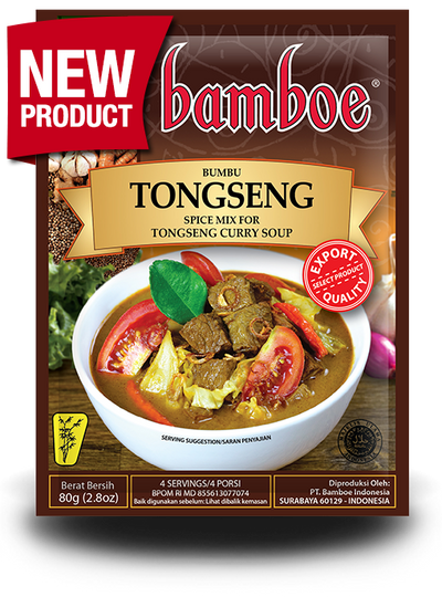 Bamboe Bumbu Tongseng spice mix packaging with a bowl of curry soup on a white background.
