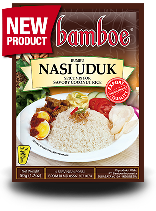 Bamboe Nasi Uduk spice mix packaging with a plate of food on a white background