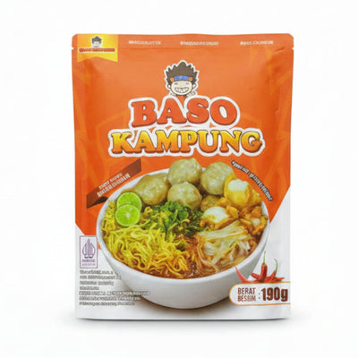 Four packages of Bago Kampung instant noodles on a tiled floor.