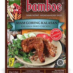 Bamboe Ayam Goreng Kalasan spice mix packaging with fried chicken image.