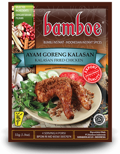 Bamboe Ayam Goreng Kalasan spice mix packaging with fried chicken image.