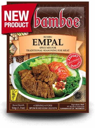Bamboe Empal spice mix packaging with a plate of food on a white background