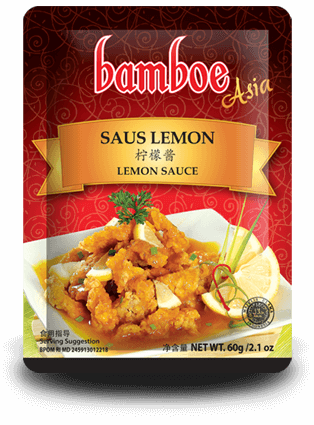 Bamboe Asia Saus Lemon lemon sauce packet with food image on a red background