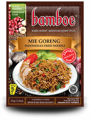 Bamboe Indonesian Fried Noodle spice package with noodles and vegetables on a white plate.