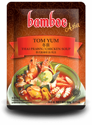 Bamboe Asia Tom Yum instant soup package with a bowl of soup and ingredients on a white background