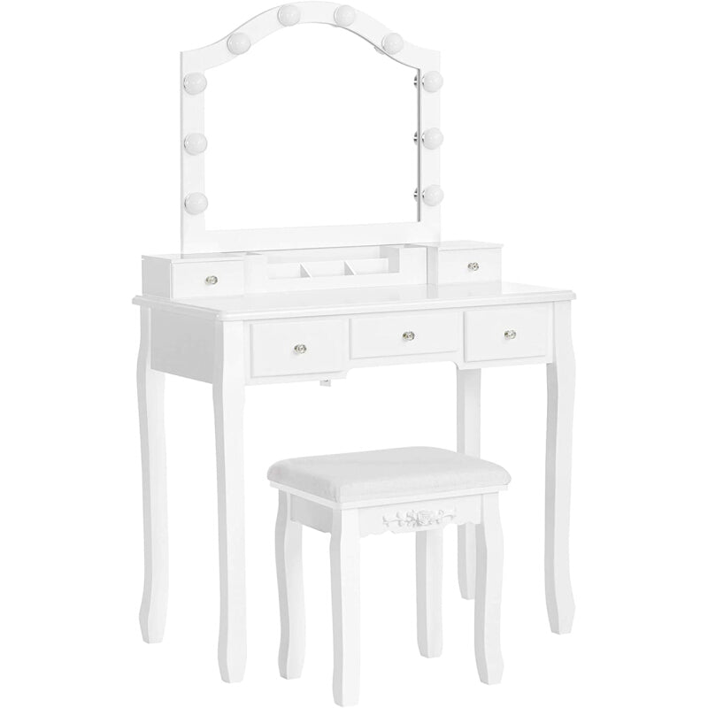 Dressing Table with Stool, 10 Lights, Removable Storage Box with 6 Com