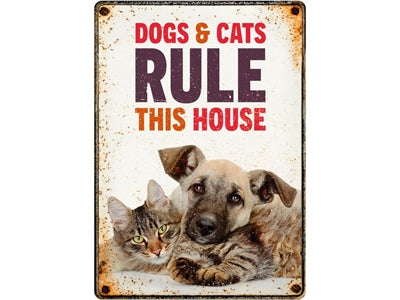 PLENTY GIFTS WAAKBORD BLIK DOGS & CATS RULE THIS HOUSE 21X15 CM