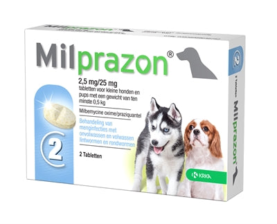 KRKA MILPRAZON ONTWORMINGSTABLETTEN HOND >0.5 KG 2.5 MG/25 MG 2 TBL