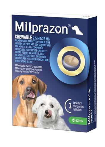 KRKA MILPRAZON KAUWTABLETTEN ONTWORMINGSTABLETTEN HOND >0.5 KG 2.5 MG/25 MG 2 TBL