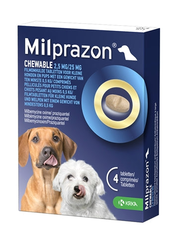 KRKA MILPRAZON KAUWTABLETTEN ONTWORMINGSTABLETTEN HOND >0.5 KG 2.5 MG/25 MG 4 TBL