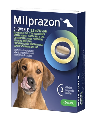 KRKA MILPRAZON KAUWTABLETTEN ONTWORMINGSTABLETTEN HOND >5 KG 12.5 MG/125 MG 2 TBL