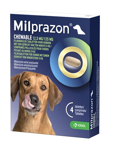 KRKA MILPRAZON KAUWTABLETTEN ONTWORMINGSTABLETTEN HOND >5 KG 12.5 MG/125 MG 4 TBL