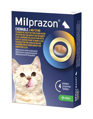 KRKA MILPRAZON KAUWTABLETTEN ONTWORMINGSTABLETTEN KAT >0.5 KG 4 MG/10 MG 4 TBL