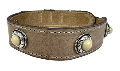 SAZZZ HALSBAND HOND BOHO TREASURE STONE VINTAGE LEER BEIGE 42-50X3.5 CM
