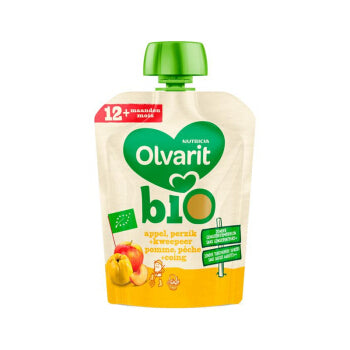 Olvarit Organic Apple Peach Quince Fruit snack Squeeze bag 12month…