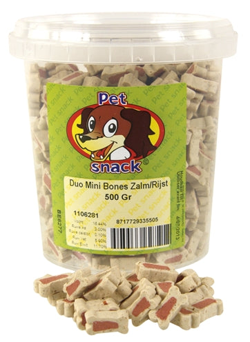 PETSNACK BOTJES MINI DUO ZALM / RIJST 500 GR