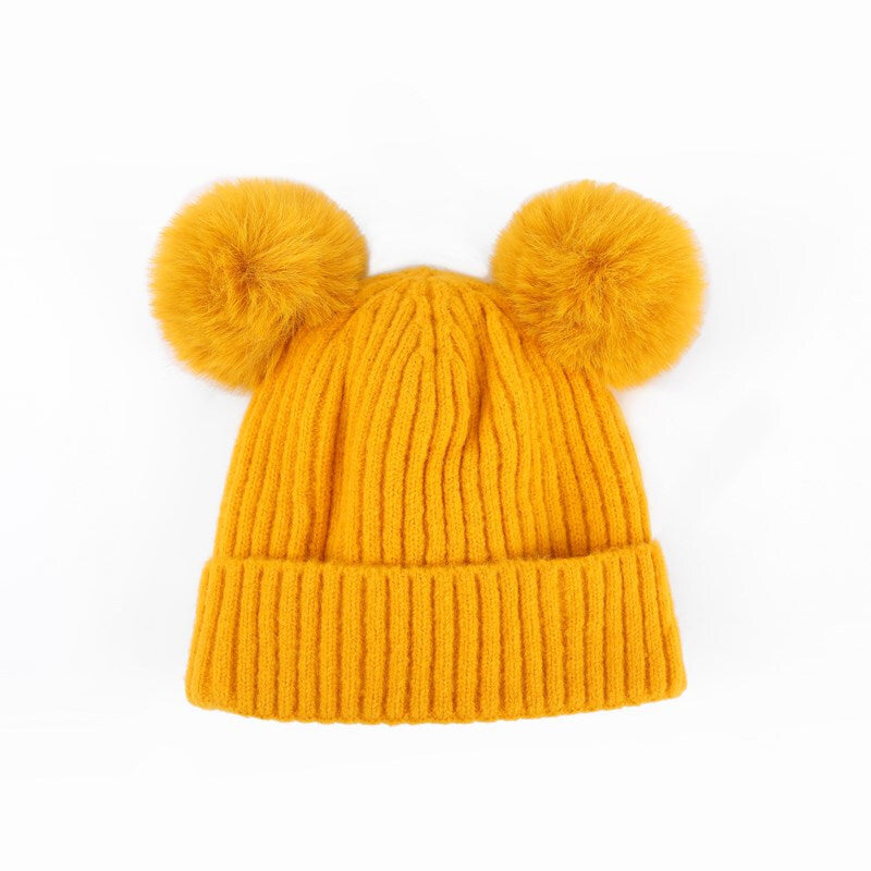 Knitted Pompom Beanie Hat Yellow