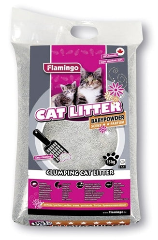FLAMINGO KATTENBAKVULLING MET BABYPOEDER GEUR 15 KG