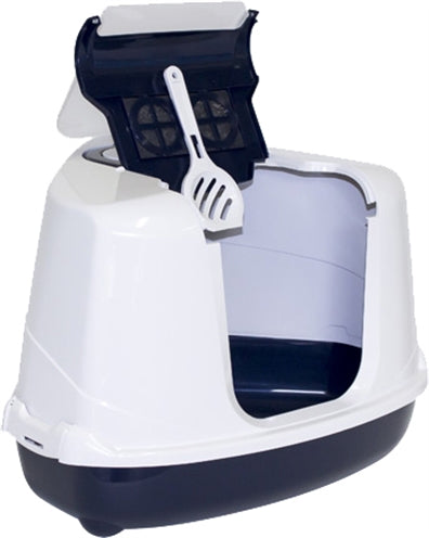 MODERNA HOEK KATTENBAK FLIP DONKERBLAUW / WIT 56X45X39 CM